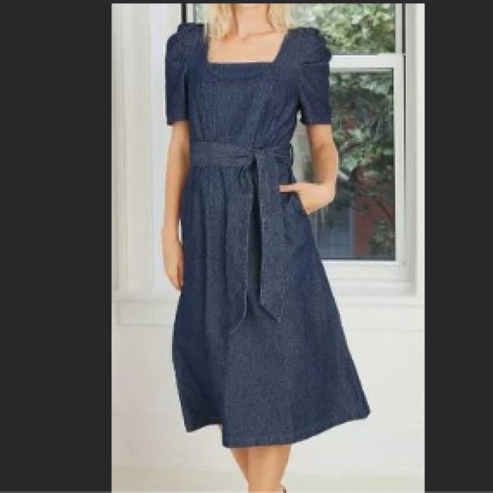 Puff Short Sleeve Belted Dark Wash Denim Dress